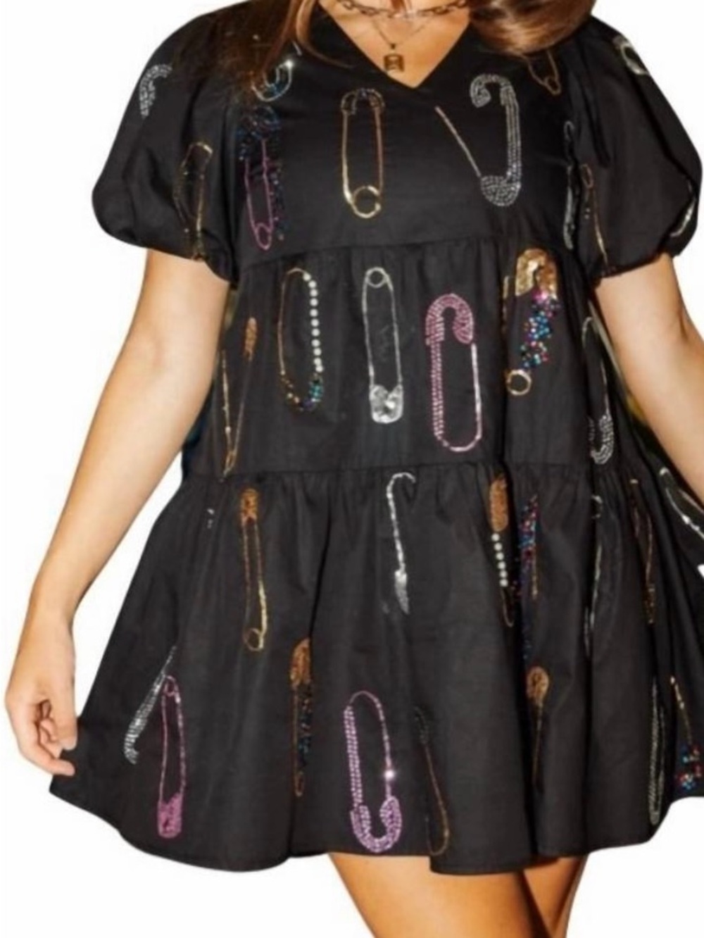 QUEEN OF SPARKLES Black Mini Dress with Multicolor Embellished Safety Pin Motif